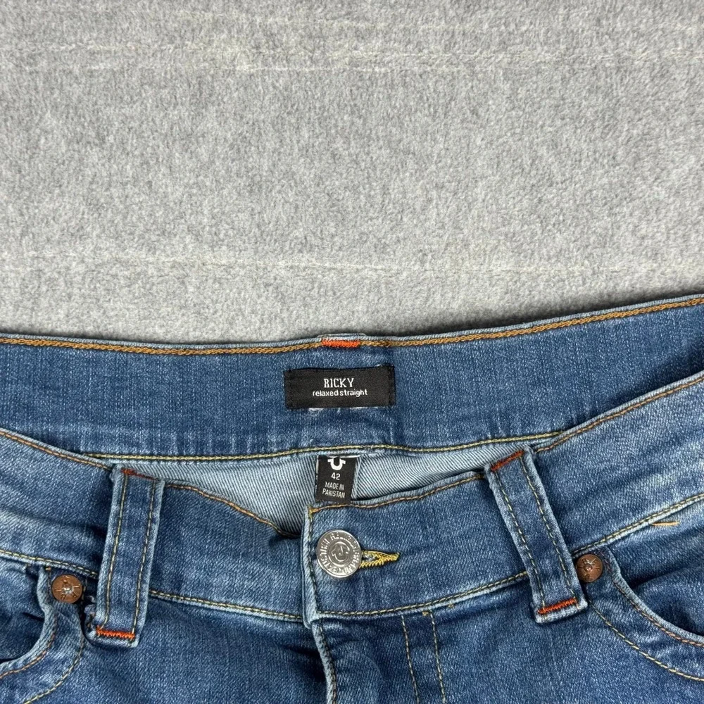 True Religion Jeans Mens 42x32 Blue Ricky Relaxed Straight Flap Pockets Denim